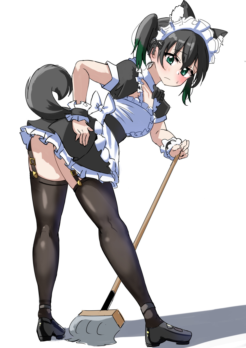 1girl absurdres animal_ears ass black_dress black_footwear black_tail black_thighhighs blush bow dress ereka gradient_hair green_eyes green_hair hand_on_own_hip highres holding holding_mop leaning_forward looking_at_viewer love_live! love_live!_nijigasaki_high_school_idol_club maid maid_headdress mary_janes medium_hair mop multicolored_hair shoes solo tail takasaki_yuu thighhighs twintails white_bow wolf_ears wolf_tail wrist_cuffs