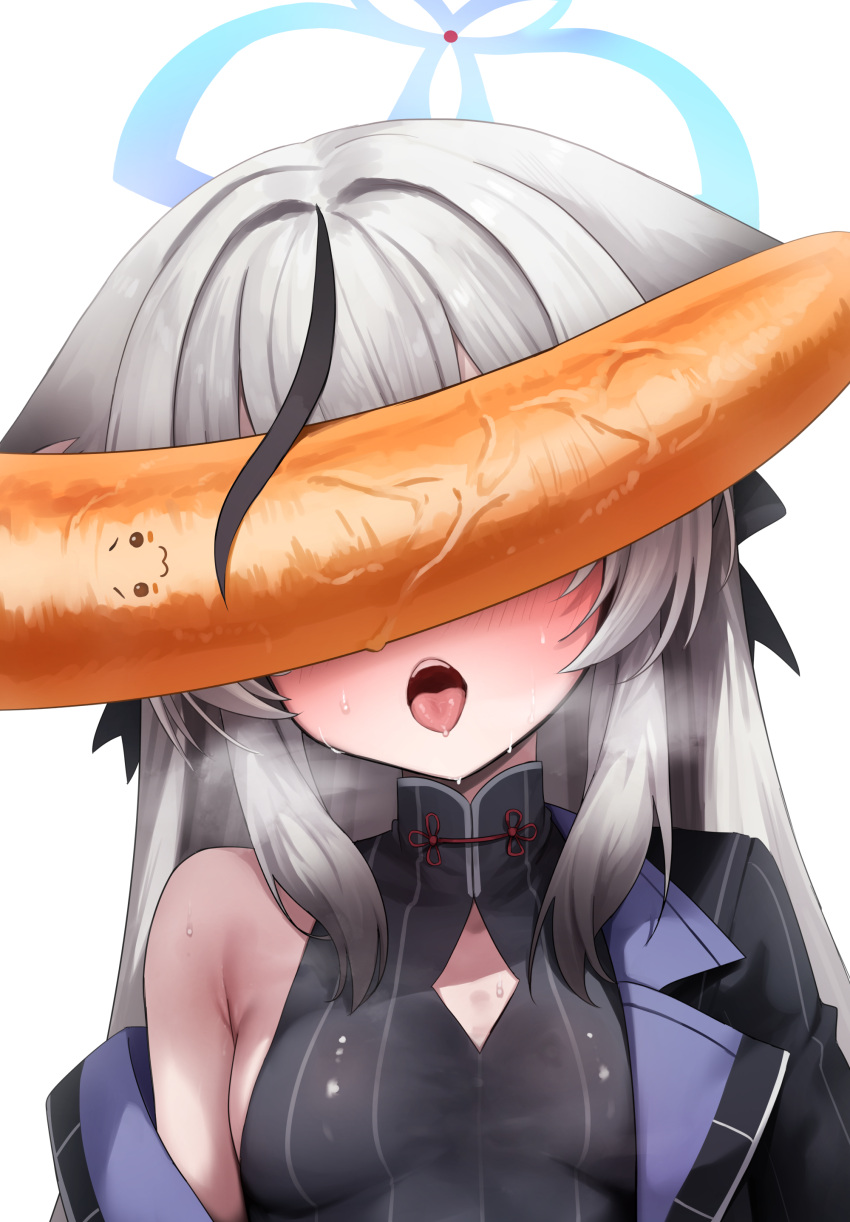 1girl absurdres bare_shoulders black_hair blondy_(ldlong) blue_archive blush breasts carrot food grey_hair halo highres kokona_(blue_archive) long_hair multicolored_hair off_shoulder open_mouth sexually_suggestive simple_background small_breasts solo streaked_hair sweat tongue two-tone_hair vegetable white_background