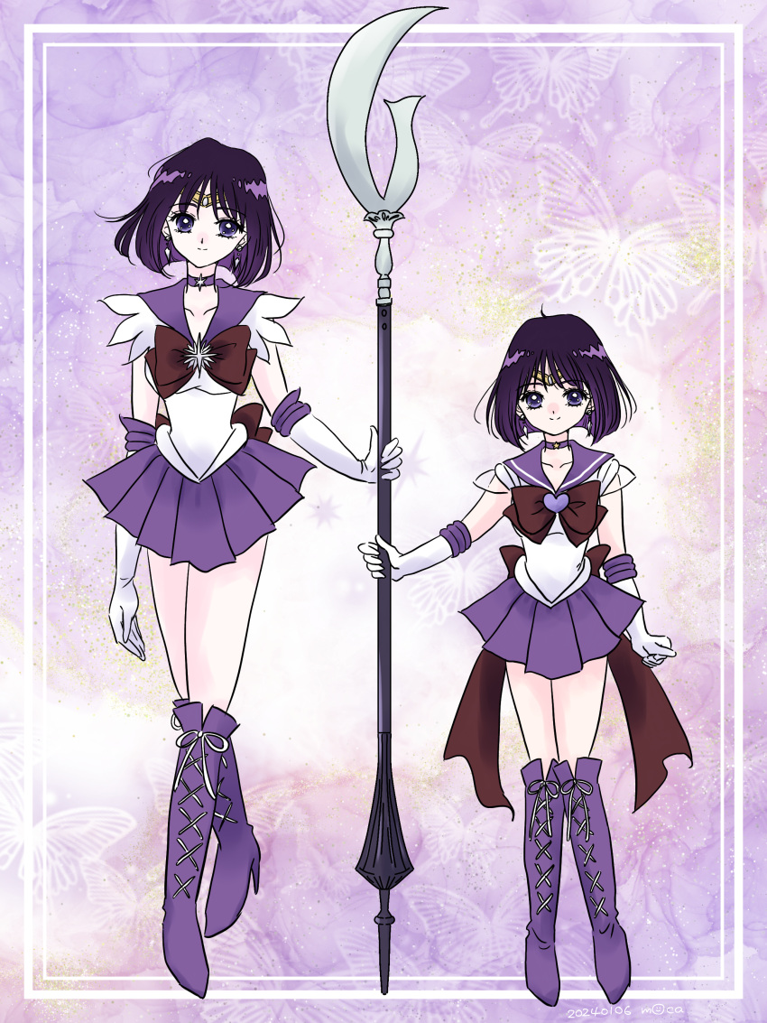 2girls absurdres artist_name back_bow bishoujo_senshi_sailor_moon boots bow brooch butterfly_background choker collarbone dated dual_persona earrings elbow_gloves gloves heart heart_brooch hemuhemu_moca highres holding holding_weapon jewelry knee_boots magical_girl multiple_girls pleated_skirt purple_background purple_bow purple_eyes purple_footwear purple_hair purple_sailor_collar purple_skirt sailor_collar sailor_saturn sailor_senshi_uniform short_hair silence_glaive skirt star_(symbol) star_brooch star_choker super_sailor_saturn tomoe_hotaru weapon white_gloves