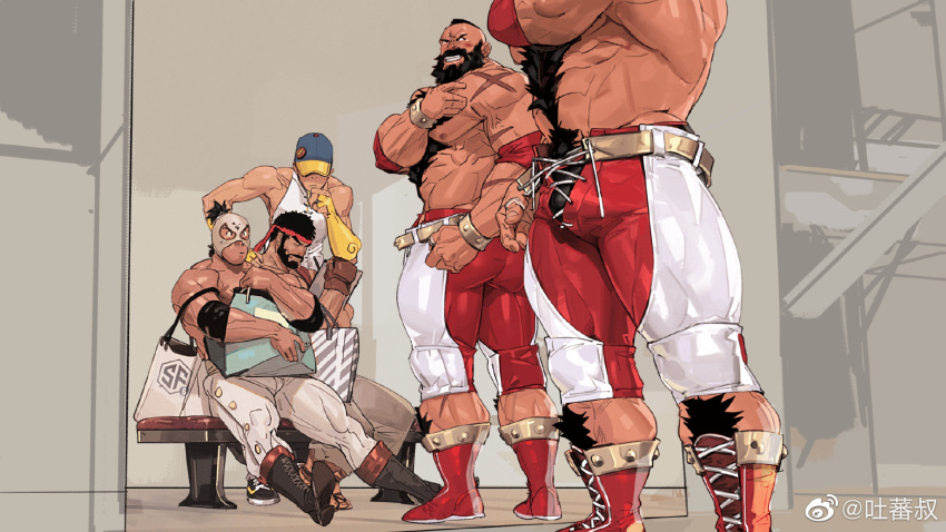 4boys abs ass bag bara beard body_fur bracelet bulge character_request chest_hair cross-laced_clothes cross-laced_legwear dark-skinned_male dark_skin el_fuerte facial_hair forearms from_below full_beard grin hand_on_own_chin head_out_of_frame headband highres jewelry large_pectorals light_blush looking_at_another male_focus mature_male mohawk multiple_boys muscular muscular_male navel navel_hair nipples official_alternate_costume pectorals reflection_focus ryu_(street_fighter) shopping_bag short_hair smile solo_focus spiked_bracelet spikes standing stomach street_fighter street_fighter_6 stroking_own_chin strongman_waist thick_beard thick_chest_hair thick_eyebrows thick_navel_hair thick_thighs thighs tooboshoo topless_male wrestler wrestling_mask yaoi zangief