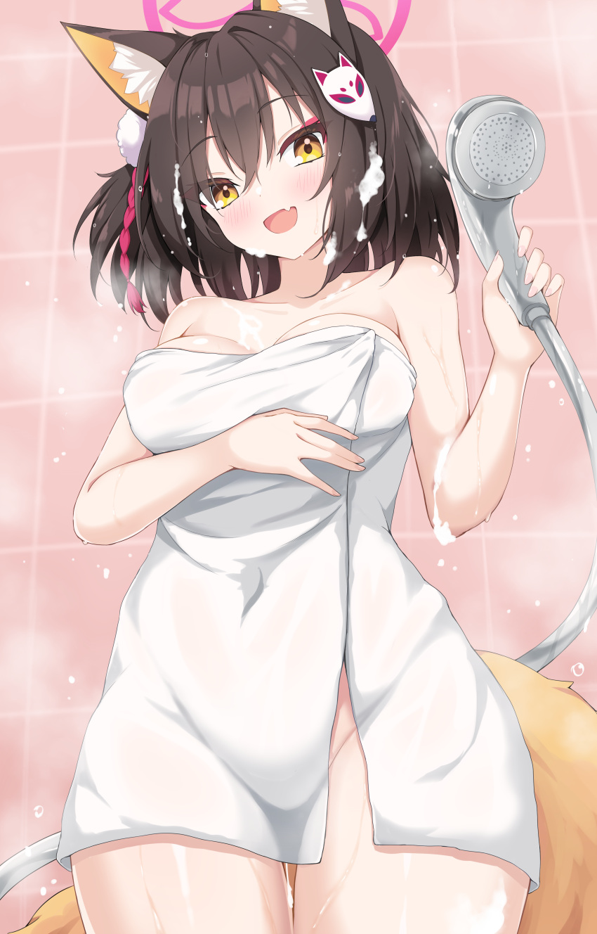 1girl absurdres animal_ears bare_arms bare_shoulders bathroom black_hair blue_archive breasts commentary cowboy_shot eyeshadow fox_ears fox_girl fox_tail halo hayana_neru highres holding holding_shower_head izuna_(blue_archive) large_breasts looking_at_viewer makeup naked_towel red_eyeshadow short_hair shower_head soap_bubbles solo symbol-only_commentary tail tile_wall tiles towel yellow_eyes