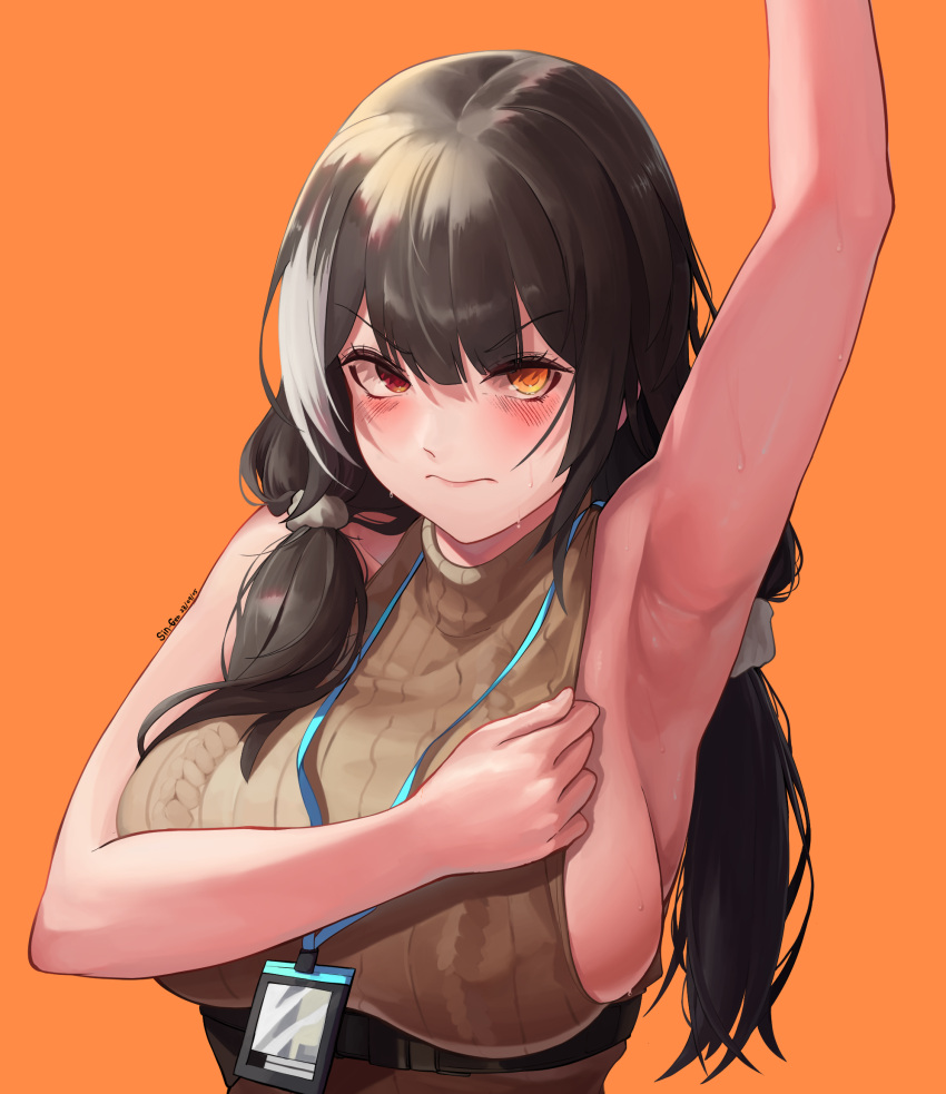 1girl arm_up armpits black_hair blush breasts cleavage covered_nipples girls'_frontline heterochromia highres large_breasts long_hair looking_at_viewer multicolored_hair orange_background presenting_armpit red_eyes ro635_(girls'_frontline) sin-gen solo streaked_hair white_hair yellow_eyes