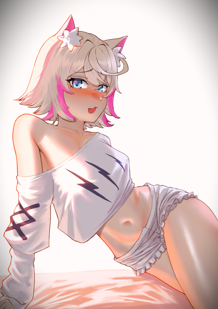1girl absurdres animal_ear_fluff animal_ears blonde_hair blue_eyes blush breasts colored_inner_animal_ears cropped_shirt dog_ears dog_girl fang frilled_shorts frills highres hikamio hololive hololive_english long_sleeves looking_at_viewer medium_breasts midriff mococo_abyssgard mococo_abyssgard_(1st_costume) multicolored_hair navel no_bra nose_blush off_shoulder open_mouth pink_hair shirt shorts sitting skin_fang solo stomach streaked_hair thighs virtual_youtuber white_shirt white_shorts yokozuwari