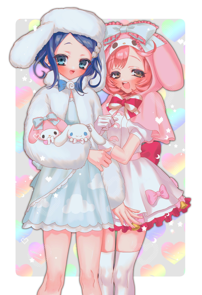 2girls :d animal_ears animal_hood ayase_naru bad_id bad_twitter_id blue_dress blue_eyes blue_hair blush bow brown_eyes capelet cinnamoroll coat commentary_request dress fake_animal_ears feet_out_of_frame fur_coat fur_hat gloves hat highres holding holding_stuffed_toy hood hood_up hooded_capelet looking_at_viewer multiple_girls my_melody onegai_my_melody open_mouth pink_bow pink_capelet pink_hair pretty_rhythm pretty_rhythm_rainbow_live pretty_series rabbit_hood rinne_(pretty_rhythm) sanrio short_hair smile standing stuffed_animal stuffed_rabbit stuffed_toy thighhighs white_coat white_dress white_gloves white_hat white_thighhighs yuiitsu