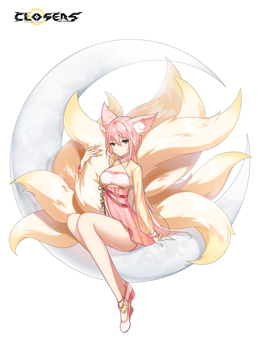 1girl alternate_hair_color animal_ear_fluff animal_ears ankle_bell arm_support cleavage_cutout closers clothing_cutout copyright_name crescent dot_mouth dress eunha_(closers) expressionless fingernails fox_ears fox_girl fox_tail full_body green_eyes hand_up high_heels highres holding_own_tail kitsune kyuubi layered_dress logo long_fingernails long_hair long_sleeves looking_at_viewer low_twintails multiple_tails official_art on_crescent panties pantyshot pink_dress pink_hair pink_panties see-through see-through_sleeves sitting solo tail twintails two-tone_dress underwear wedge_heels white_background white_footwear yellow_dress yellow_sleeves yellow_tail