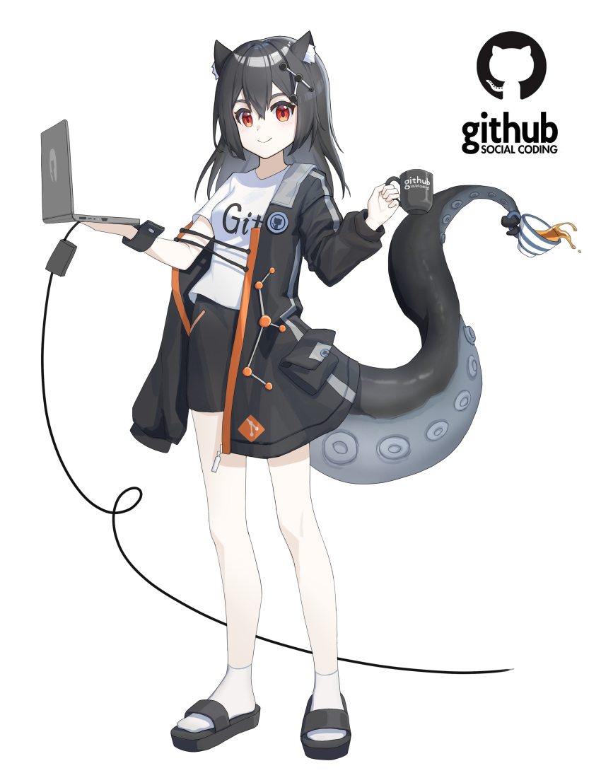 1girl absurdres animal_ears bare_legs black_hair black_jacket black_shorts cable cat_ears cat_girl commentary computer cup english_text full_body git github hair_between_eyes hair_ornament highres holding holding_cup holding_laptop jacket laptop logo long_hair looking_at_viewer monster_girl octocat open_clothes open_jacket personification phonetik red_eyes sandals scylla shirt shorts simple_background socks solo spilling t-shirt tentacles white_background white_shirt