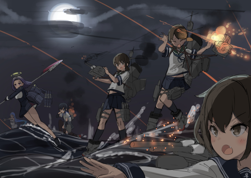 6+girls absurdres adapted_turret asashio_(kancolle) black_skirt cannon cloud cloudy_sky fubuki_(kancolle) full_moon glaive_(polearm) halo highres ikazuchi_(kancolle) kantai_collection machinery mechanical_halo medium_hair moon multiple_girls night osananajimi_neko pleated_skirt polearm samidare_(kancolle) school_uniform serafuku shirayuki_(kancolle) sidelocks skirt sky tatsuta_(kancolle) turret water weapon