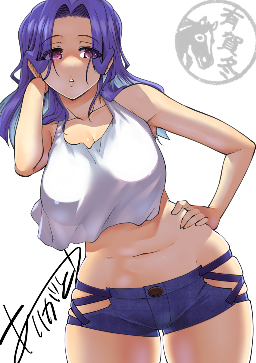 1girl alternate_costume alternate_hair_length alternate_hairstyle ariga_tou blue_shorts breasts cowboy_shot crop_top denim denim_shorts hair_intakes highres kantai_collection large_breasts medium_hair midriff purple_eyes purple_hair short_shorts shorts simple_background solo tank_top tatsuta_(kancolle) white_background white_tank_top