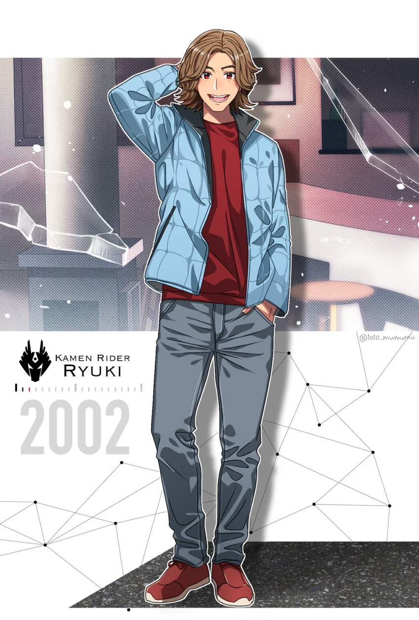 1010_mumumu 1boy 2002 arm_behind_head blue_jacket broken_mirror brown_hair contrapposto copyright_name full_body hand_in_pocket highres jacket kamen_rider kamen_rider_ryuki_(series) kidou_shinji male_focus mirror open_mouth pants photorealistic realistic red_eyes red_footwear smile