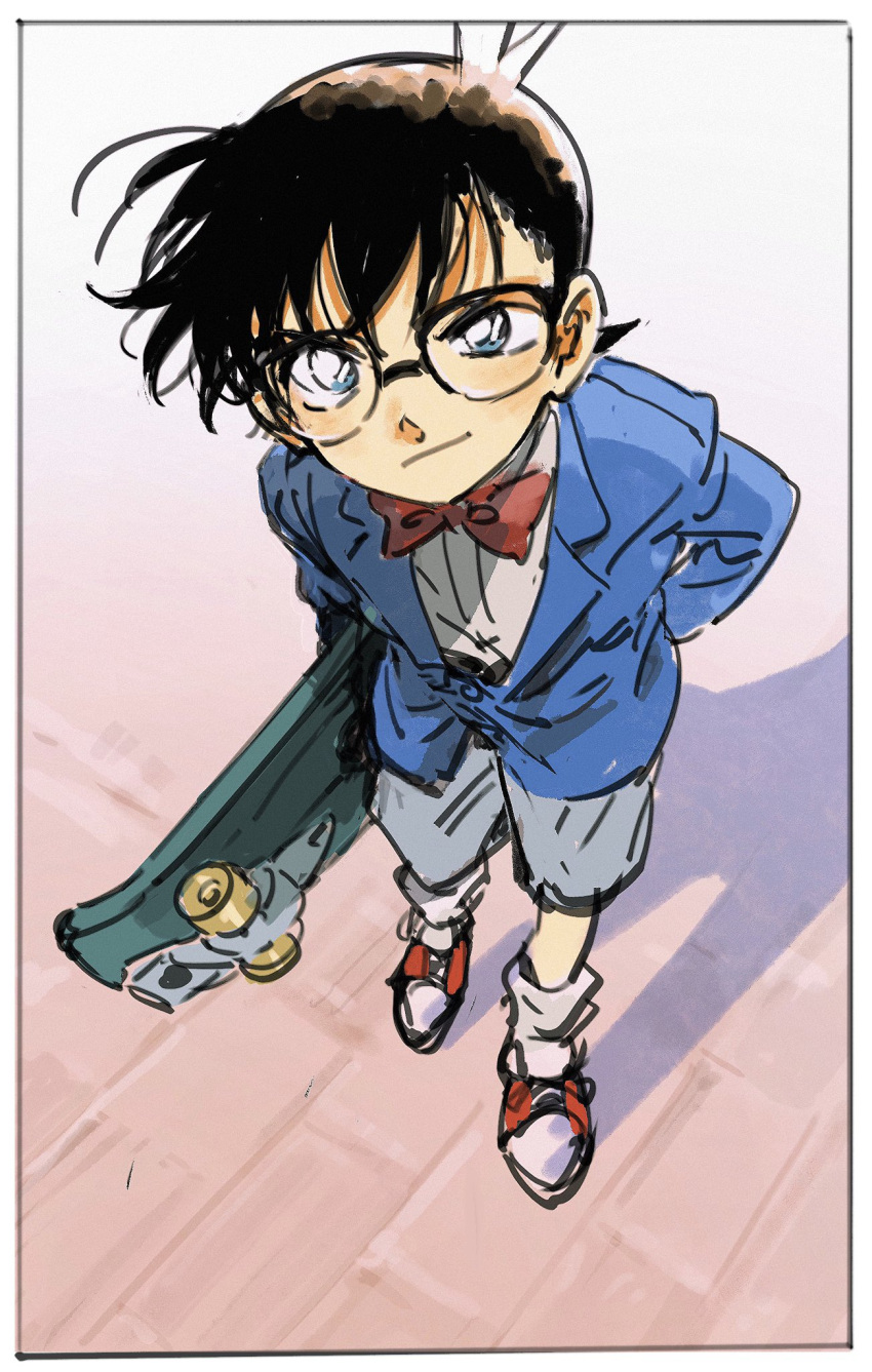 1boy black_hair blue_eyes blue_jacket blue_shorts bow bowtie brown_hair child edogawa_conan full_body glasses grin hand_in_pocket highres holding holding_skateboard jacket male_focus masso meitantei_conan red_bow red_bowtie red_footwear shadow shirt short_hair shorts skateboard smile solo white_shirt