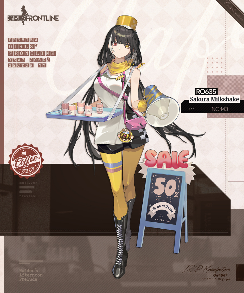 1girl apron artist_request bag bandana bandana_around_neck black_background black_dress black_footwear black_hair boots breasts brown_background chalkboard_sign character_name closed_mouth commentary copyright_name cross-laced_footwear cup disposable_cup dress english_commentary english_text expressionless full_body girls'_frontline gloves handbag hat heterochromia high_heel_boots high_heels highres holding holding_megaphone holding_tray kepi knee_boots lace-up_boots large_breasts long_hair looking_at_viewer low_twintails megaphone military_hat multicolored_background multicolored_hair official_alternate_costume official_art pink_bag promotional_art red_eyes ro635_(girls'_frontline) ro635_(sakura_milkshake)_(girls'_frontline) sale second-party_source short_dress simple_background sleeveless sleeveless_dress standing streaked_hair thighhighs tray twintails very_long_hair waitress white_apron white_background white_hair yellow_bandana yellow_eyes yellow_gloves yellow_hat yellow_thighhighs