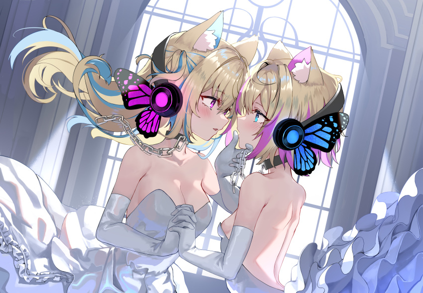 2girls absurdres alternate_costume animal_ear_fluff animal_ears backless_dress backless_outfit bare_shoulders black_collar blonde_hair blue_eyes blue_hair blush breasts butterfly_wings chain cleavage collar colored_inner_animal_ears dog_ears dog_girl dress elbow_gloves eye_contact face-to-face floating_clothes floating_hair from_side fuwawa_abyssgard gloves hair_between_eyes hand_on_another's_chin headphones highres holding_hands hololive hololive_english incest indoors insect_wings interlocked_fingers large_breasts layered_dress long_hair looking_at_another magnet_(vocaloid) mococo_abyssgard multicolored_hair multiple_girls one_side_up parted_lips pink_eyes pink_hair short_hair siblings sideways_mouth sisters small_breasts strapless strapless_dress streaked_hair trap_(drthumt) twins upper_body virtual_youtuber wedding_dress white_dress white_gloves window wings yuri