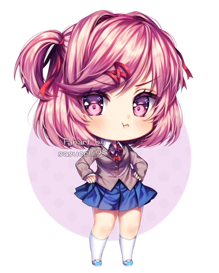 1girl aqua_footwear artist_name blazer blue_skirt blush brown_jacket buttons chibi chibi_only closed_mouth collared_shirt colored_eyelashes doki_doki_literature_club full_body hair_ribbon hands_on_own_hips highres jacket kneehighs long_sleeves looking_at_viewer natsuki_(doki_doki_literature_club) pink_eyes pink_hair pout purple_background red_ribbon ribbon sasucchi95 shirt short_hair short_twintails skirt socks solo swept_bangs transparent_background twintails two-tone_footwear v-shaped_eyebrows white_footwear white_shirt white_socks