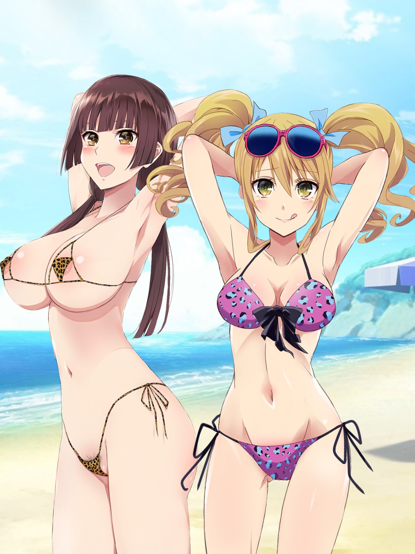 2girls aihara_yuzu areola_slip armpits bikini blonde_hair blunt_bangs blush breasts brown_hair citrus_(saburouta) earrings gangshangguang_(smjy5842) green_eyes highres jewelry large_breasts long_hair looking_at_viewer low_twintails micro_bikini multiple_girls side_ponytail swimsuit taniguchi_harumi thong_bikini tongue tongue_out twintails