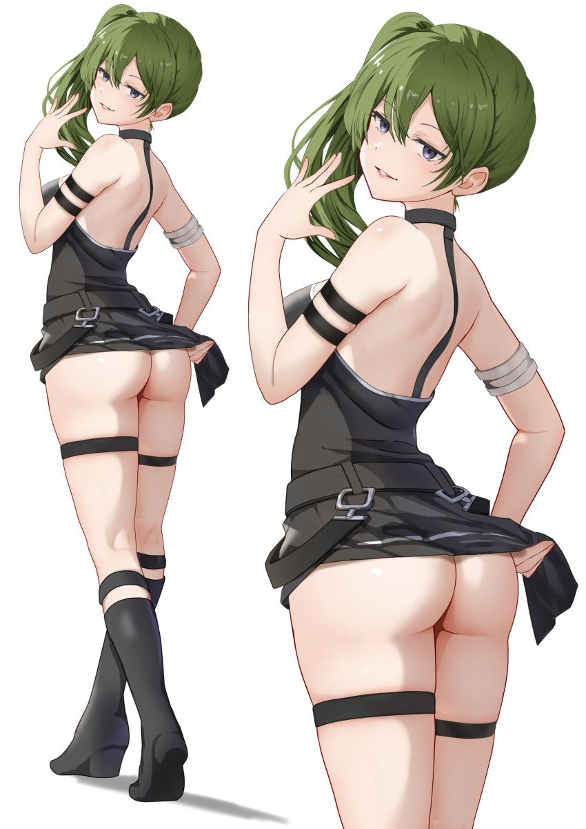 1girl arm_strap ass black_dress black_footwear boots clothes_lift commentary_request dress dress_lift gibun_(sozoshu) green_hair hair_between_eyes halterneck hand_up highres knee_boots lifted_by_self long_hair looking_at_viewer looking_back multiple_views no_panties parted_lips purple_eyes side_ponytail simple_background sleeveless sleeveless_dress smile sousou_no_frieren thigh_strap ubel_(sousou_no_frieren) white_background