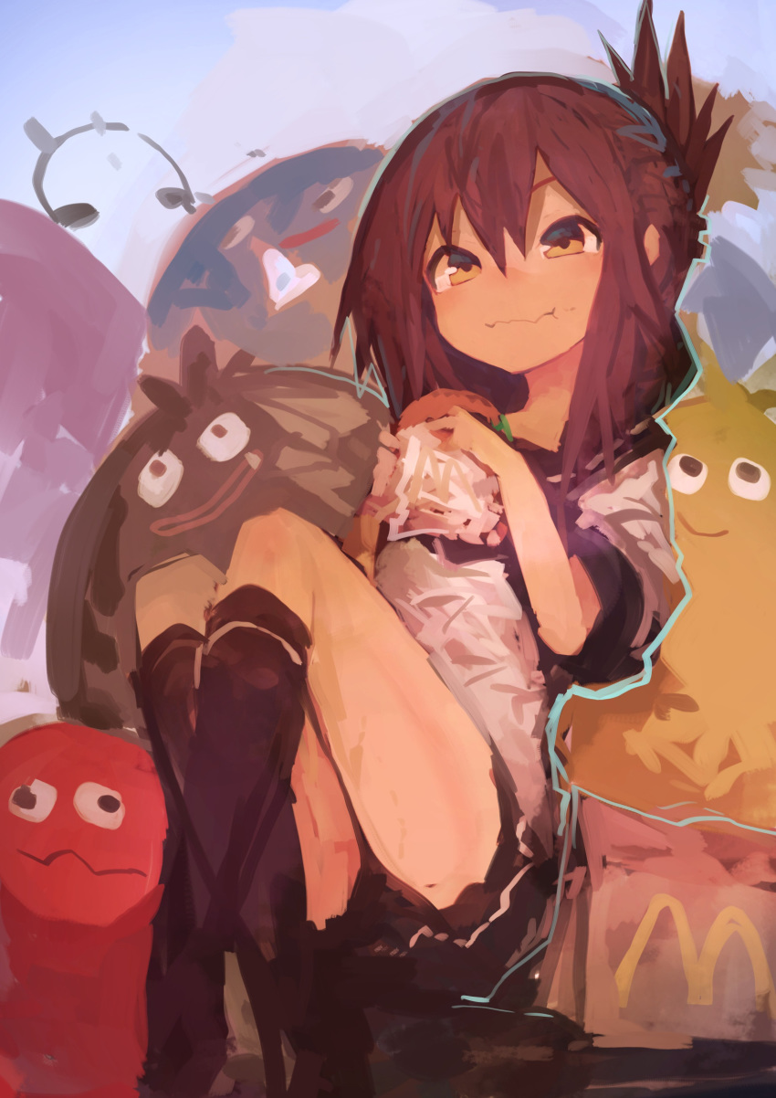 1girl absurdres bag bangs black_skirt brown_eyes brown_hair character_request commentary crossed_legs eating folded_ponytail food hair_between_eyes hamburger heart highres holding inazuma_(kantai_collection) kaamin_(mariarose753) kantai_collection kneehighs kulche legs locoroco mcdonald's paper_bag pleated_skirt school_uniform serafuku short_sleeves sitting skirt solo