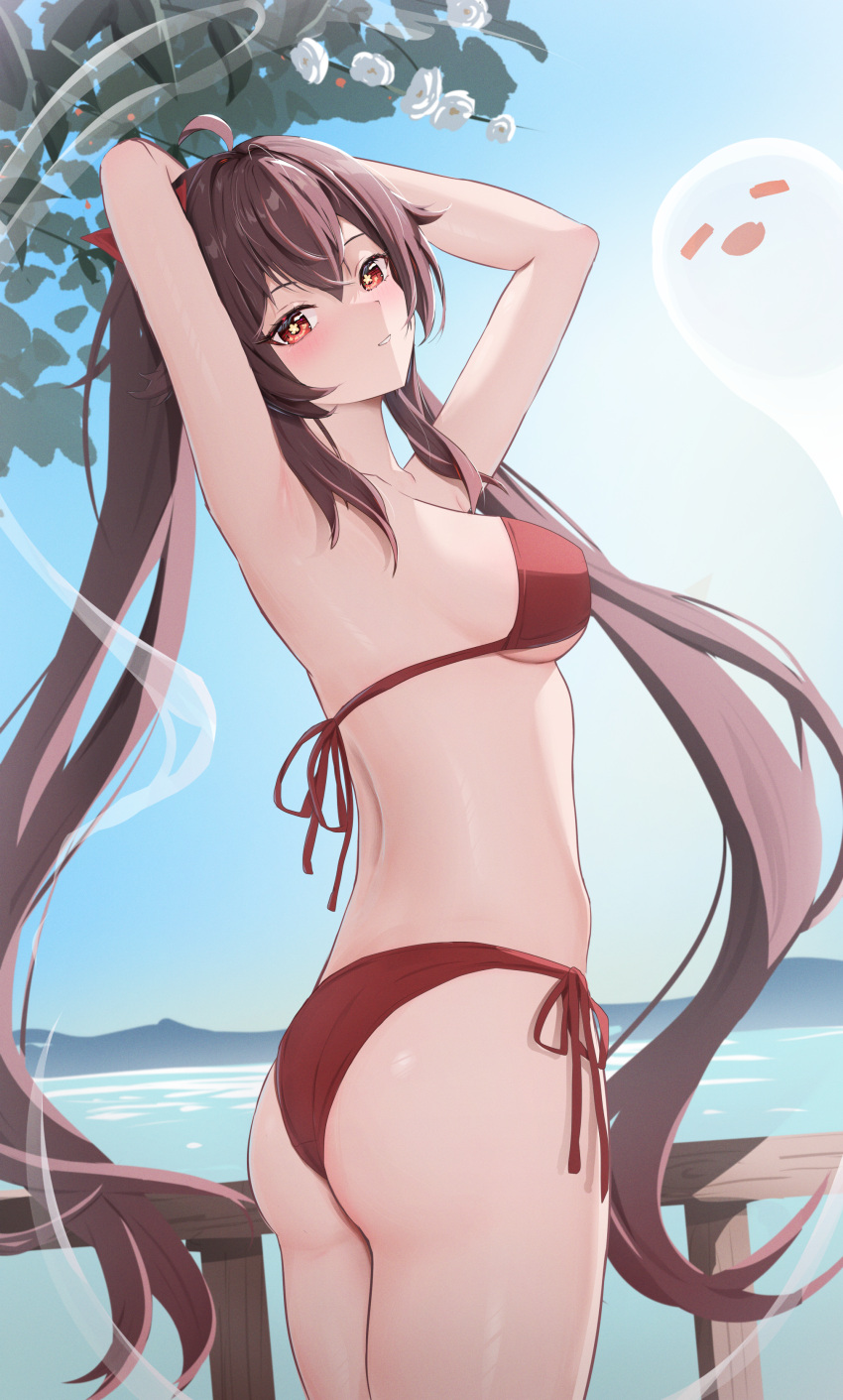 1girl absurdres ahoge armpits arms_up ass back bikini breasts brown_eyes brown_hair collarbone commentary_request flat_ass genshin_impact ghost hair_between_eyes hair_ribbon highres hu_tao_(genshin_impact) long_hair looking_at_viewer medium_breasts mountainous_horizon ocean outdoors partial_commentary pharmarr red_bikini ribbon side-tie_bikini_bottom sideboob smile solo standing swimsuit thighs tree twintails twisted_torso underboob very_long_hair