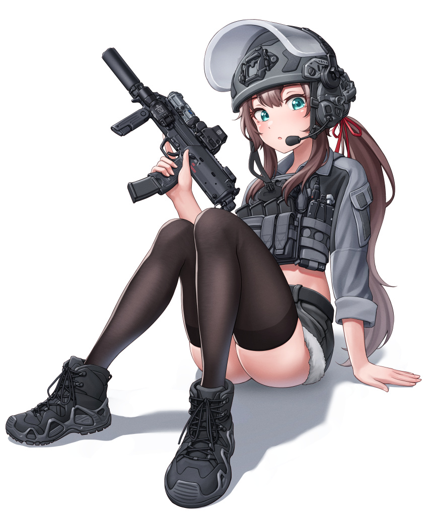 1girl absurdres ass black_footwear black_shorts black_thighhighs brown_hair chest_rig combat_helmet commentary_request commission denim denim_shorts english_commentary fur-trimmed_shorts fur_trim green_eyes grey_shirt gun h&amp;k_mp7 helmet highres kzm_(sub-moa_works) long_hair looking_at_viewer mixed-language_commentary open_mouth original shadow shirt shoes shorts simple_background sitting skeb_commission sneakers solo stomach submachine_gun termichan_(not-a-bot) thighhighs trigger_discipline visor_(armor) weapon white_background