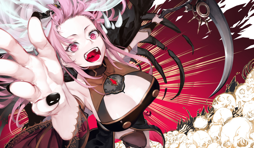1girl :d babyg_wong black_nails breasts floating_cape floating_hair happy_birthday highres holding holding_scythe hololive hololive_english large_breasts long_hair looking_at_viewer mori_calliope mori_calliope_(1st_costume) open_mouth perspective pile_of_skulls pink_eyes pink_hair reaching reaching_towards_viewer red_background scythe smile veil virtual_youtuber