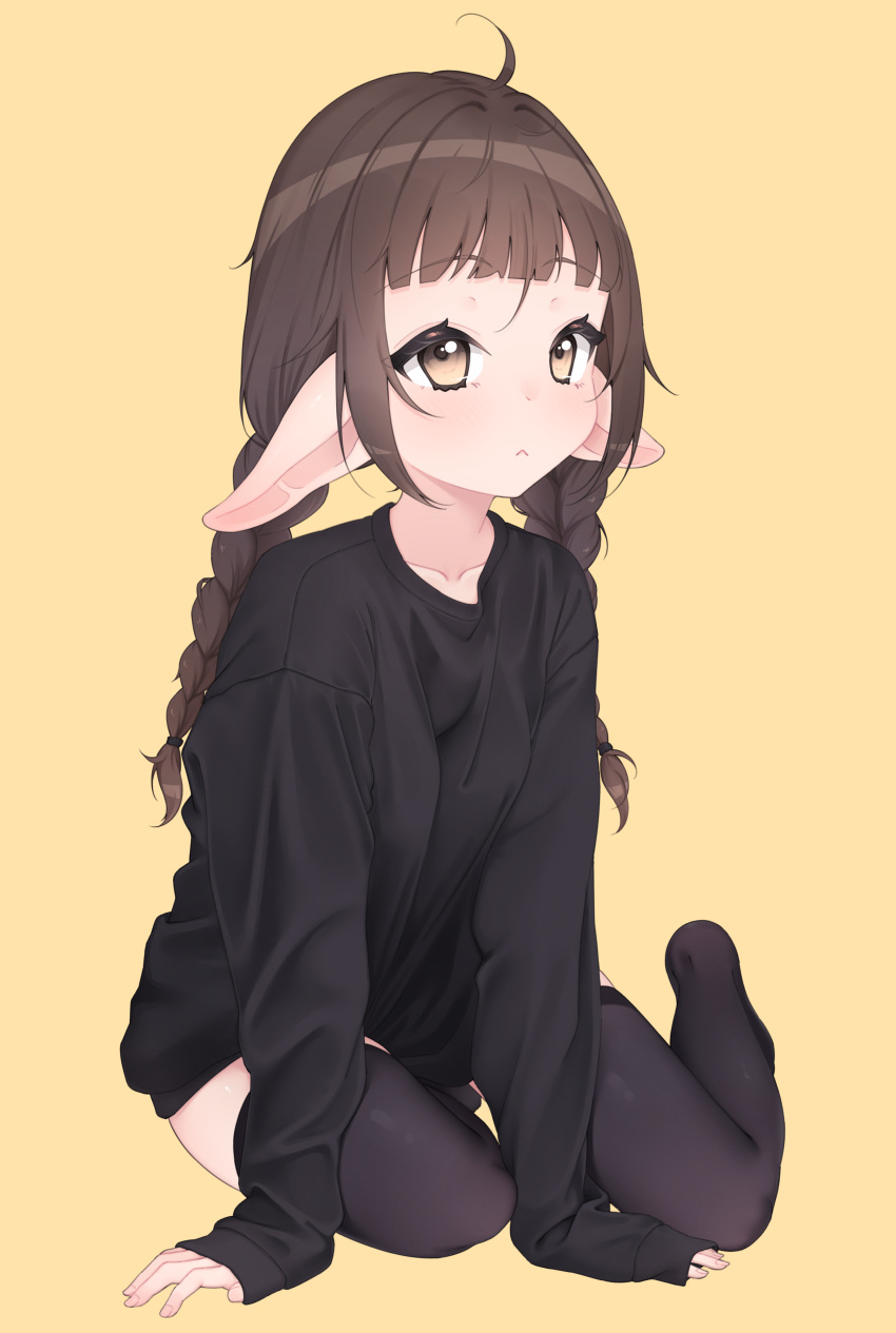 1girl :&lt; absurdres ahoge black_shirt black_thighhighs braid brown_hair collarbone elf highres long_hair lucasyecla99 on_floor original pointy_ears shirt simple_background solo thighhighs twin_braids yellow_eyes