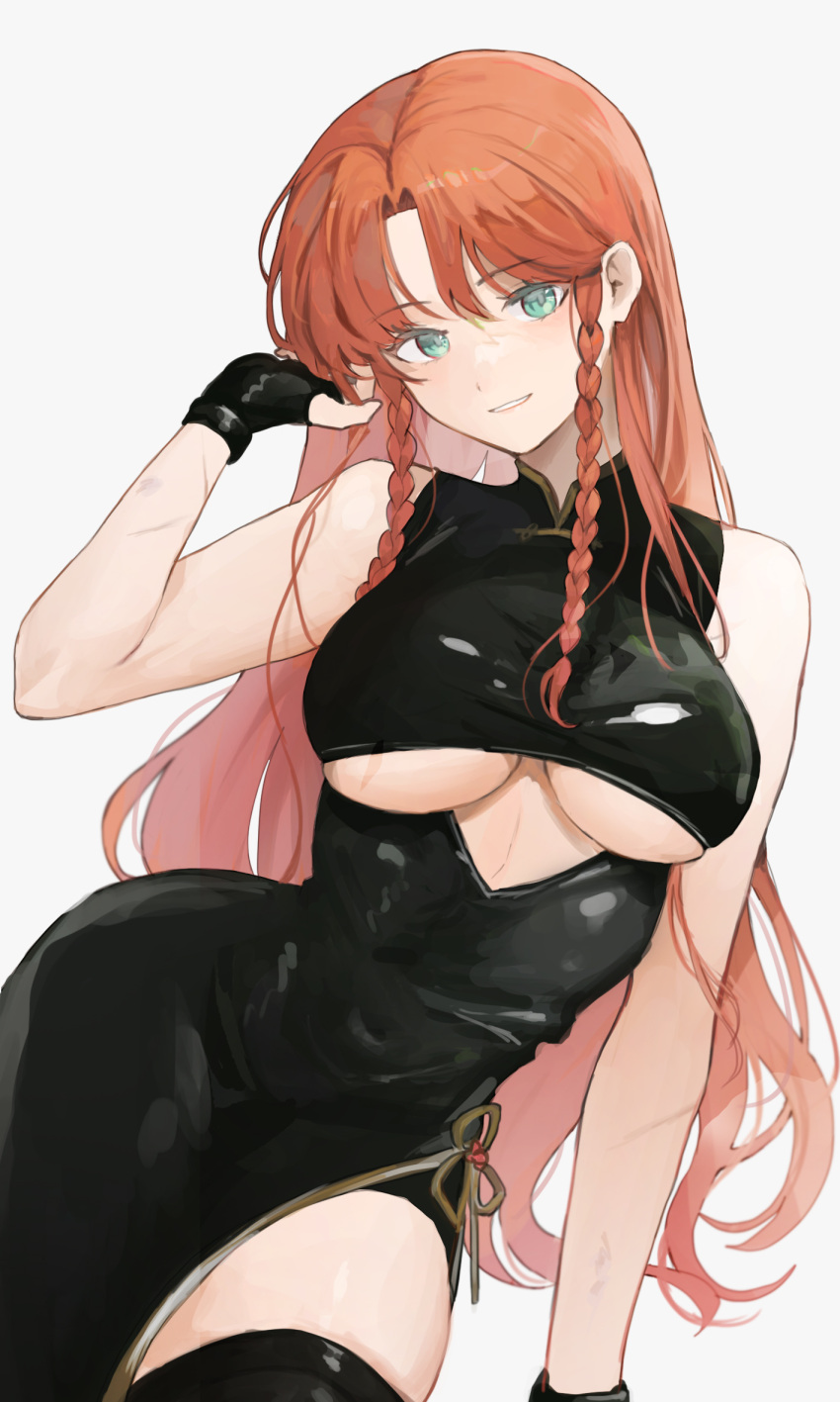 1girl alternate_costume black_dress black_gloves blush braided_sidelock breasts china_dress chinese_clothes dress fingerless_gloves gloves highres hong_meiling large_breasts latex latex_dress long_hair looking_at_viewer orange_hair sarukana simple_background sleeveless sleeveless_dress smile solo touhou underboob very_long_hair white_background