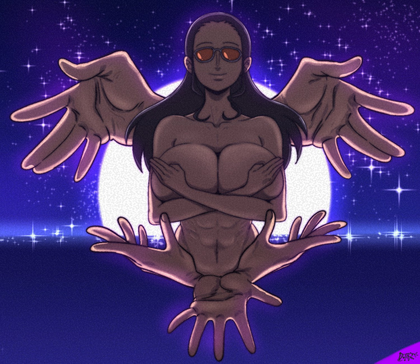 abs collarbone covering_breasts covering_privates d-art disembodied_limb film_grain full_moon highres horizon long_hair moon navel nico_robin night night_sky nude ocean one_piece orange-tinted_eyewear sky smile star_(sky) starry_sky sunglasses tinted_eyewear watermark