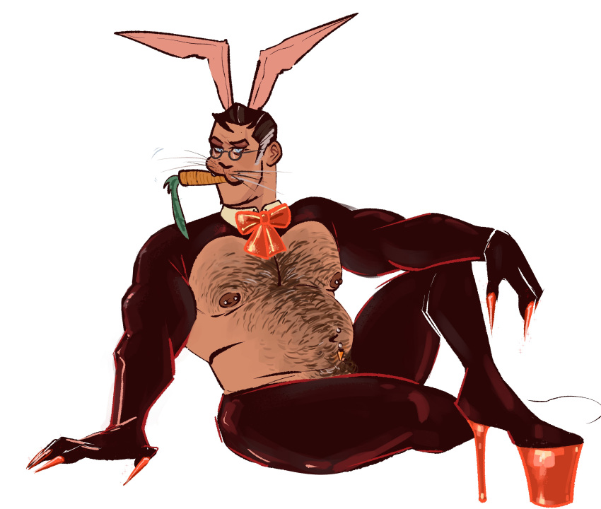 1boy absurdres animal_ears bara barbell_piercing bare_pectorals carrot convenient_leg easter eating fabulous fingernails frontless_outfit full_body glasses hairy high_heels highres kemonomimi_mode large_pectorals latex latex_legwear male_pubic_hair mature_male medic_(tf2) meme_attire mico_art muscular muscular_male navel navel_hair nipples pectorals piercing pubic_hair rabbit_ears reverse_bunnysuit reverse_outfit sharp_fingernails short_hair shrug_(clothing) solo stomach team_fortress_2 thick_chest_hair thick_navel_hair thick_thighs thighs very_hairy whiskers