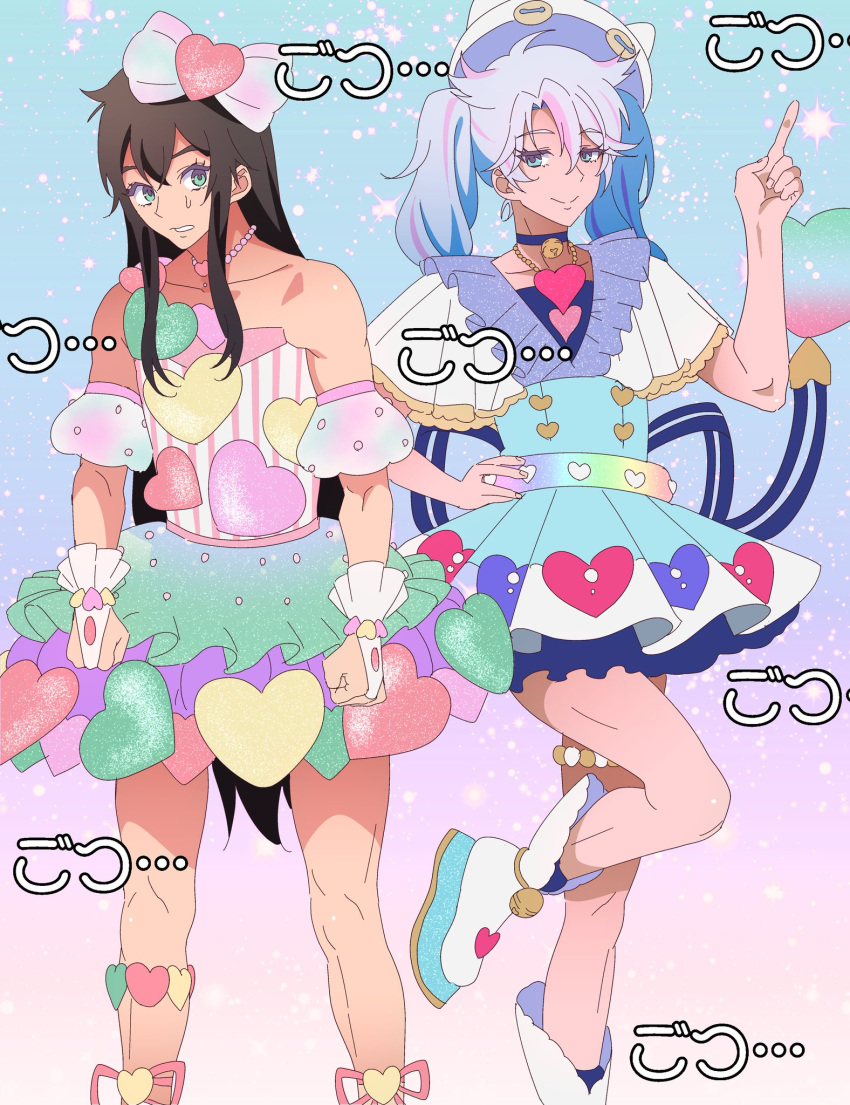 2boys alternate_hair_length alternate_hairstyle anchiki_shou animal_hat bare_shoulders blue_background blue_choker blue_eyes blue_hair blue_skirt bow capelet cat_hat choker closed_mouth confused cosplay crossdressing dress hair_bow hand_on_own_hip hand_up hat heart heart_print hibino_matsuri hibino_matsuri_(cosplay) highres hughie_(waccha_primagi!) ibuki_touma idol_clothes index_finger_raised jewelry long_hair looking_at_viewer male_focus multicolored_hair multiple_boys myamu myamu_(cosplay) necklace open_mouth pink_bow pleated_skirt pretty_series shoes skirt smile standing standing_on_one_leg strapless strapless_dress streaked_hair sweatdrop twintails waccha_primagi! white_capelet white_footwear