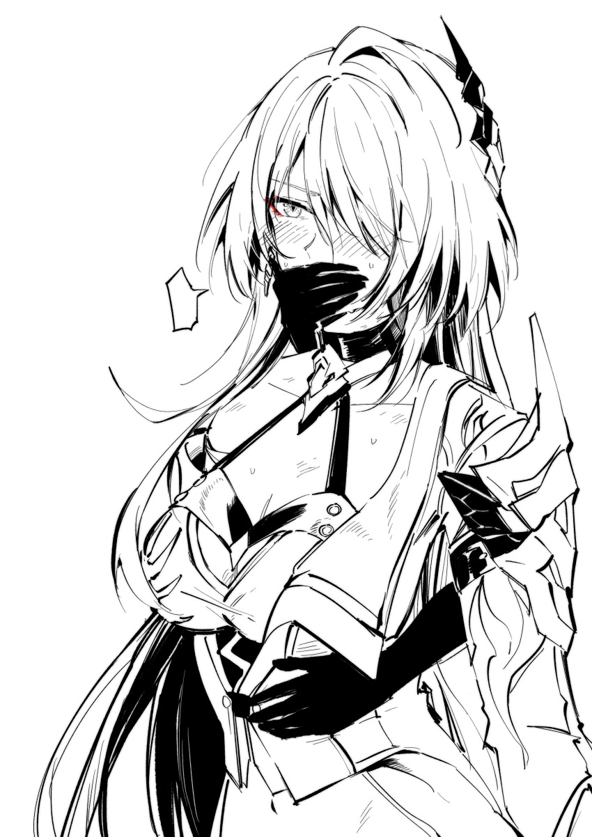 1girl absurdres acheron_(honkai:_star_rail) black_choker black_gloves choker covering_another's_mouth detached_sleeves disembodied_limb gloves hair_over_one_eye hand_over_another's_mouth highres honkai:_star_rail honkai_(series) long_hair midriff molestation monochrome navel sen_jin_chen single_bare_shoulder solo stomach sweat white_background