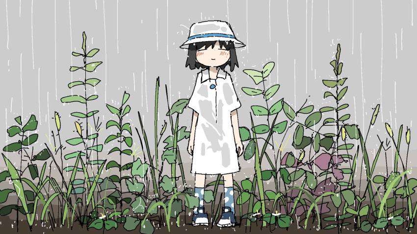 1girl arms_at_sides black_hair blue_footwear blue_socks blush character_request closed_eyes closed_mouth copyright_request dress facing_viewer full_body highres outdoors overcast plant rain shoes short_hair short_sleeves sky smile socks solo standing tsukumizu_yuu wet wet_clothes white_dress white_hat