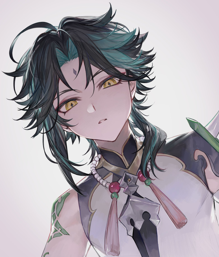 1boy arm_tattoo bead_necklace beads black_hair blue_hair facial_mark forehead_mark genshin_impact grey_background highres jewelry looking_at_viewer male_focus multicolored_hair necklace parted_lips simple_background solo tassel tattoo upper_body xiao_(genshin_impact) yellow_eyes zaso