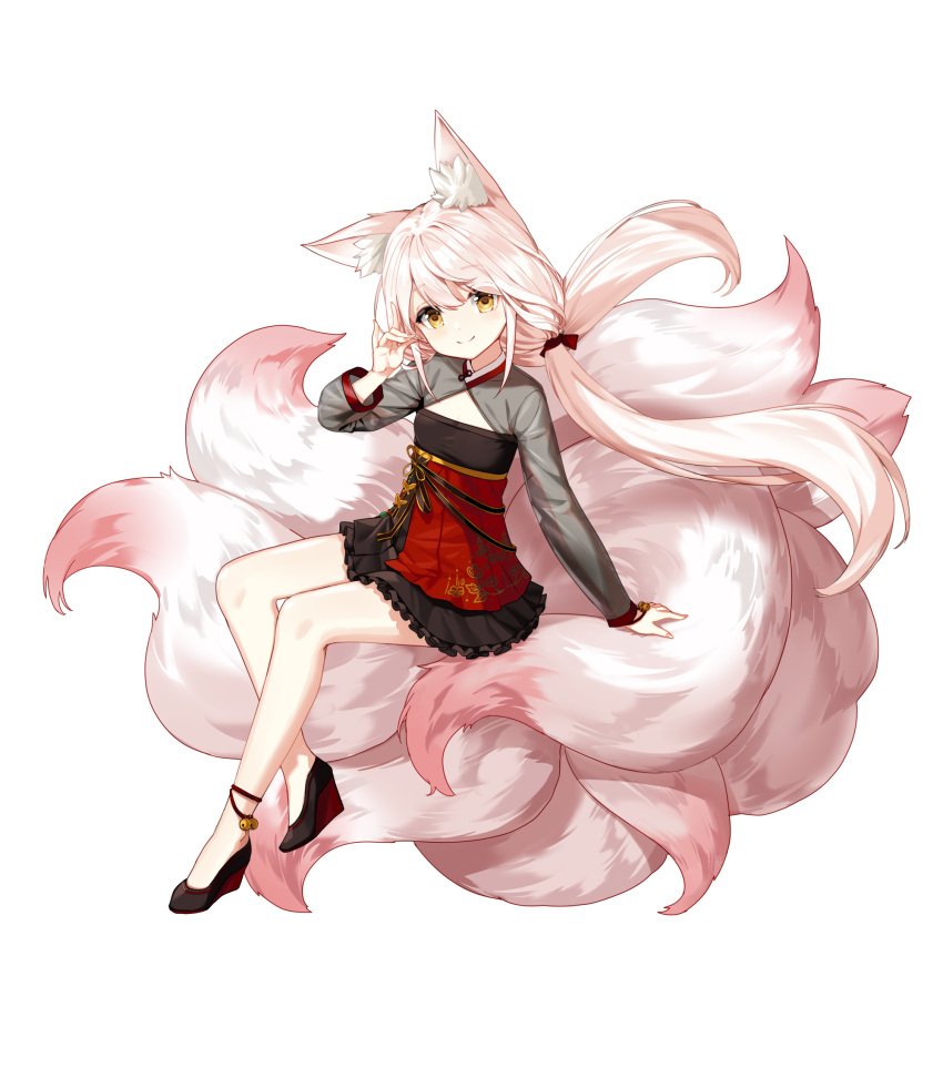 1girl alternate_hair_color animal_ear_fluff animal_ears ankle_bell arm_support black_dress black_footwear black_sleeves bow cleavage_cutout closed_mouth closers clothing_cutout dress flat_chest fox_ears fox_girl fox_shadow_puppet fox_tail full_body hair_bow hand_up high_heels highres kitsune kyuubi layered_dress long_hair long_sleeves looking_at_viewer low_twintails lucy_(closers) multiple_tails official_art pink_tail red_bow red_dress see-through see-through_sleeves sitting sitting_on_tail smile solo tachi-e tail twintails two-tone_dress wedge_heels white_background white_hair yellow_eyes