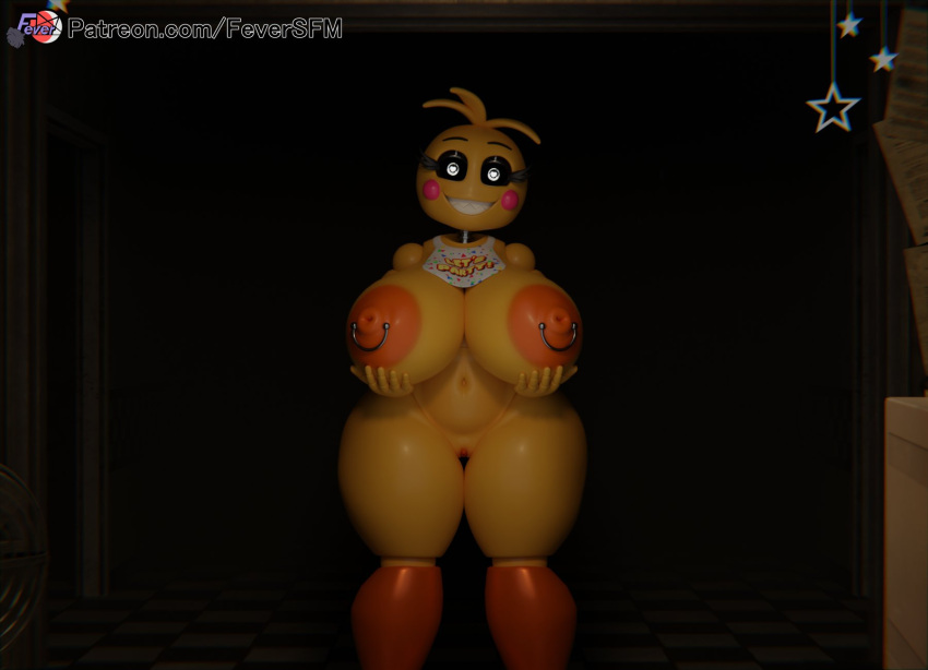 2024 3d_(artwork) 5_fingers animatronic anthro areola avian bib big_breasts bird blush blush_stickers breasts chicken digital_media_(artwork) eyebrows eyelashes female feversfm fingers five_nights_at_freddy's five_nights_at_freddy's_2 galliform gallus_(genus) genitals heart_eyes heart_symbol hi_res looking_at_viewer lovetaste_chica machine nipples orange_areola orange_body orange_nipples phasianid pussy robot scottgames solo teeth text thick_thighs toy_chica_(fnaf) url yellow_body