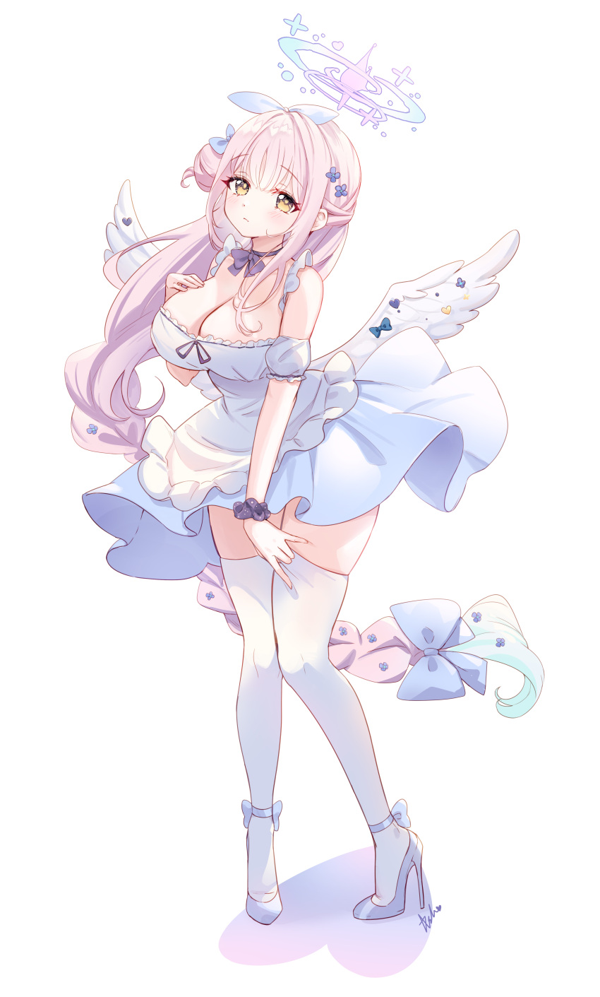 1girl absurdres angel_wings artist_request blue_archive blush breasts cleavage closed_mouth dress feathered_wings full_body hair_bun halo high_heels highres large_breasts long_hair looking_at_viewer mika_(blue_archive) pink_hair pink_halo purple_scrunchie scrunchie short_sleeves simple_background single_side_bun solo thighhighs white_background white_dress white_footwear white_thighhighs white_wings wings wrist_scrunchie yellow_eyes