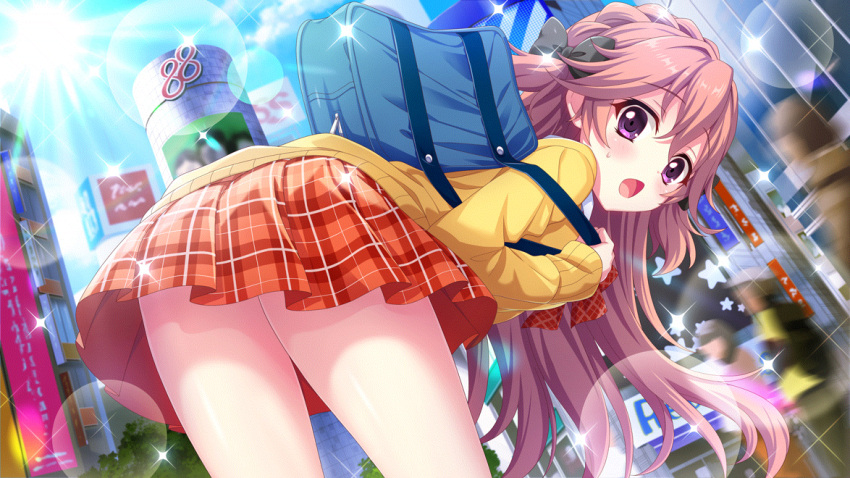 1boy 1other 2girls ass ass_focus bent_over black_bow blue_bag blue_sky bow braid cardigan carrying_bag city crown_braid day dutch_angle film_grain from_behind game_cg gyaru haeno_akari hair_bow izumi_tsubasu lens_flare long_hair miniskirt motion_blur multiple_girls non-web_source official_art open_mouth outdoors pink_hair plaid plaid_skirt purple_eyes re:stage! red_skirt school_uniform skirt sky small_sweatdrop solo_focus sparkle sun two_side_up yellow_cardigan