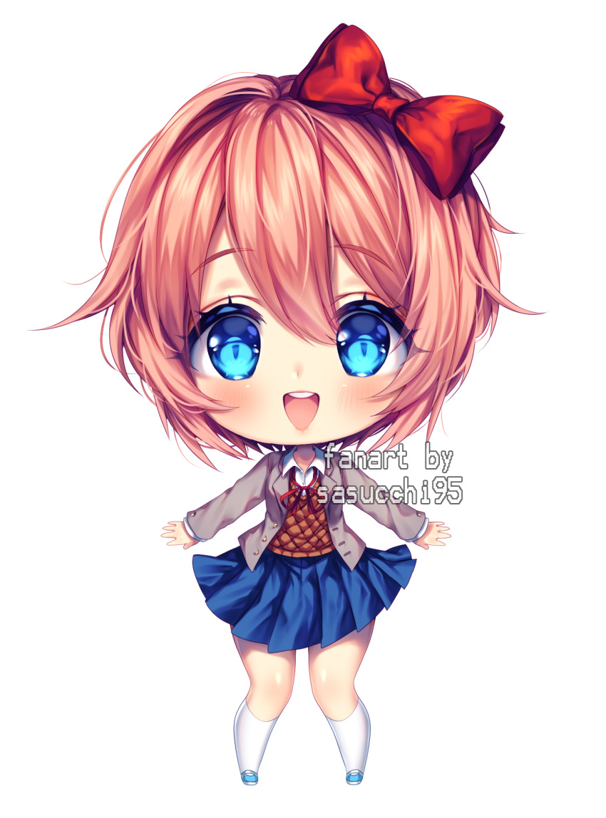 1girl aqua_footwear artist_name blazer blue_eyes blue_skirt blush bow brown_jacket brown_vest chibi chibi_only collared_shirt doki_doki_literature_club english_commentary fluffy_hair full_body hair_between_eyes hair_bow highres jacket long_sleeves looking_at_viewer neck_ribbon open_clothes open_jacket open_mouth orange_hair outstretched_arms pigeon-toed red_bow red_ribbon ribbon sasucchi95 sayori_(doki_doki_literature_club) shirt short_hair skirt smile socks solo standing straight-on teeth two-tone_footwear upper_teeth_only vest white_footwear white_shirt white_socks