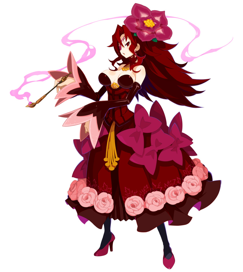 1girl bow breasts detached_sleeves disgaea disgaea_rpg dress earrings eyepatch flower full_body hair_flower hair_ornament high_heels highres holding holding_smoking_pipe jewelry large_breasts long_hair looking_at_viewer majo_to_hyakkihei non-web_source official_art photoshop_(medium) pumps red_dress red_eyes red_footwear red_hair smoke smoking smoking_pipe solo strapless strapless_dress thighhighs transparent_background valentine_(majo_to_hyakkihei)