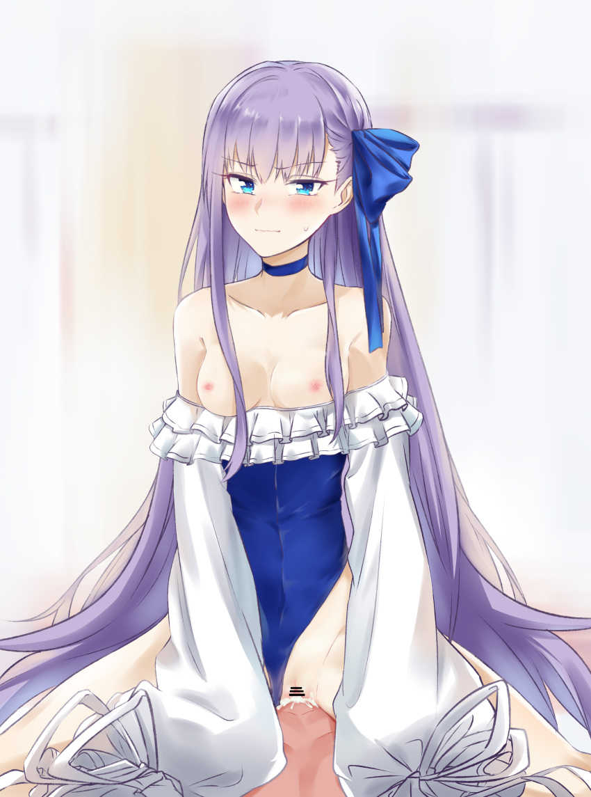 1boy 1girl absurdres bare_shoulders blue_eyes blue_ribbon blush breasts choker clothed_female_nude_male clothed_sex clothing_aside coffeekite collarbone cowgirl_position cum cum_in_pussy fate/grand_order fate_(series) frilled_one-piece_swimsuit frills girl_on_top hair_ribbon hetero highleg highleg_swimsuit highres long_hair long_sleeves looking_at_viewer meltryllis_(fate) meltryllis_(swimsuit_lancer)_(fate) meltryllis_(swimsuit_lancer)_(second_ascension)_(fate) nipples nude off-shoulder_one-piece_swimsuit off_shoulder one-piece_swimsuit puffy_sleeves purple_hair pussy ribbon sex sleeves_past_fingers sleeves_past_wrists small_breasts straddling swimsuit swimsuit_aside thighs vaginal very_long_hair white_ribbon
