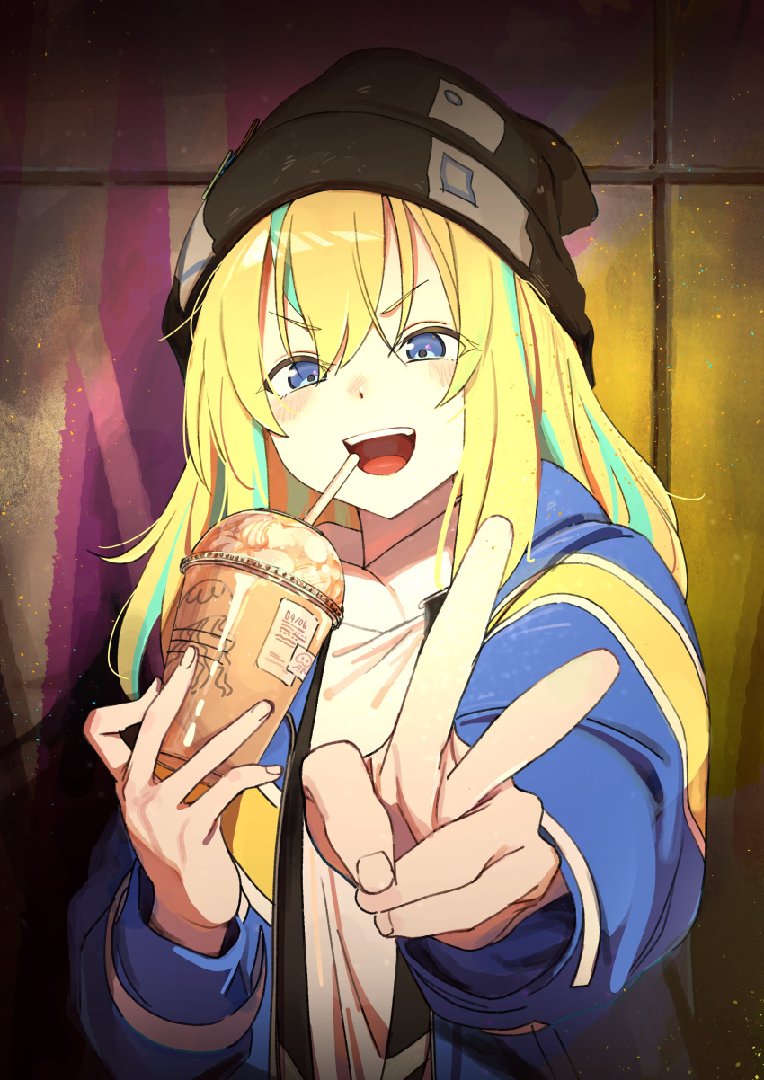 1girl absurdres black_hat blonde_hair blue_eyes blue_hair blue_jacket chou_(danny8461) coffee_cup cup disposable_cup drinking_straw highres holding holding_cup jacket long_hair long_sleeves looking_at_viewer multicolored_hair open_mouth solo stone_wall two-tone_hair upper_body very_long_hair yamanouchi_kano yoru_no_kurage_wa_oyogenai