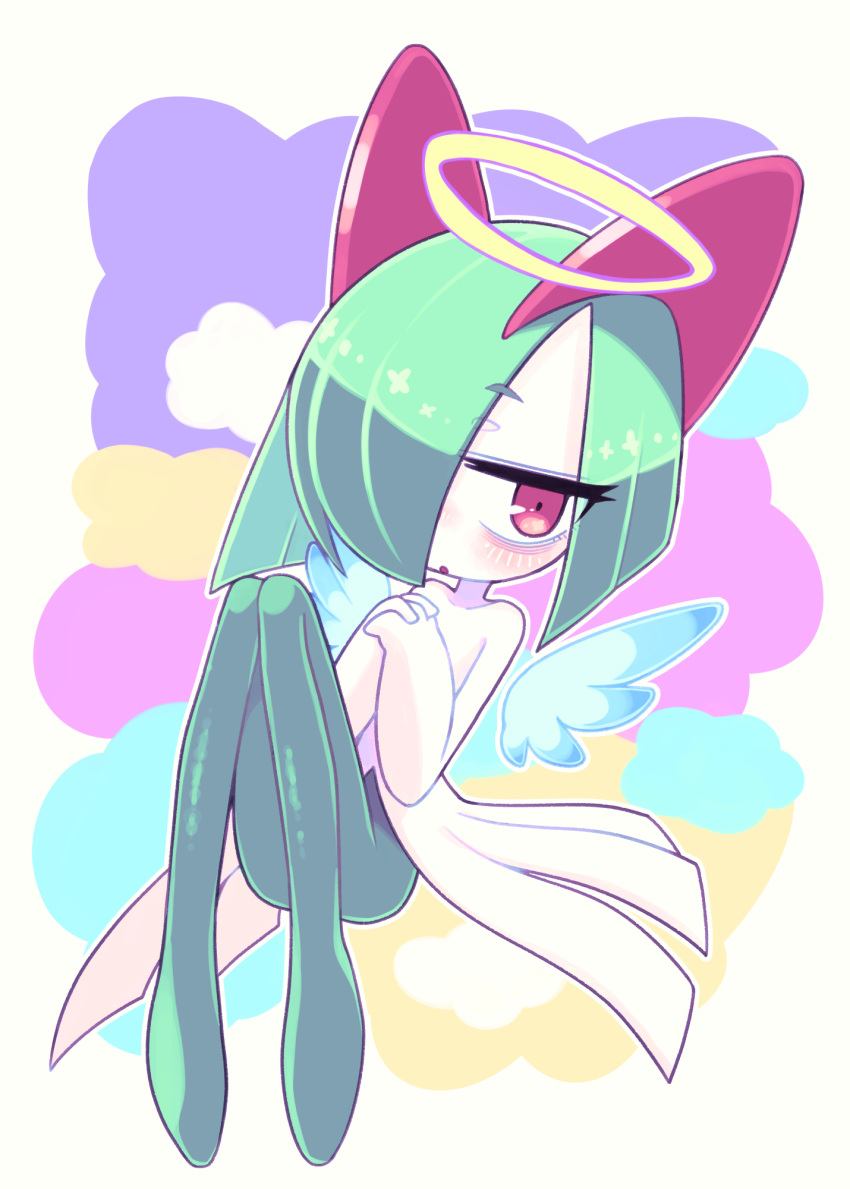 angel_wings bags_under_eyes colored_skin green_hair halo highres horns ino_(tellu0120) kirlia looking_at_viewer multicolored_skin own_hands_clasped own_hands_together parted_lips pink_eyes pokemon pokemon_(creature) sidelocks two-tone_skin white_skin wings