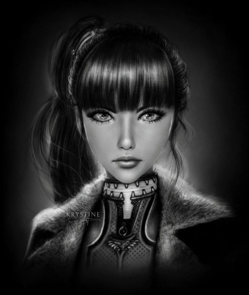 1girl artist_name blunt_bangs bodysuit english_commentary eve_(stellar_blade) eyelashes fur-trimmed_jacket fur_trim greyscale highres jacket krystine_art lips long_hair looking_at_viewer monochrome photorealistic ponytail realistic solo stellar_blade upper_body