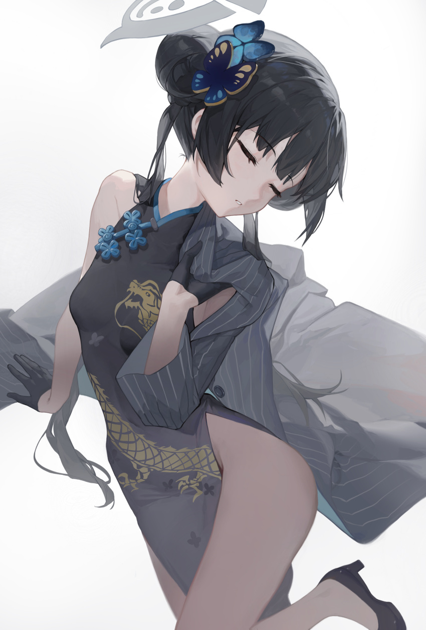 1girl absurdres arm_out_of_sleeve black_coat black_dress black_gloves blue_archive butterfly_hair_ornament china_dress chinese_clothes closed_eyes coat covered_navel dragon_print dress foot_out_of_frame gloves grey_halo hair_bun hair_ornament halo high_heels highres kisaki_(blue_archive) long_hair long_sleeves no_panties parted_lips pelvic_curtain sentter sleeveless sleeveless_dress solo striped_coat thighs vertical-striped_coat