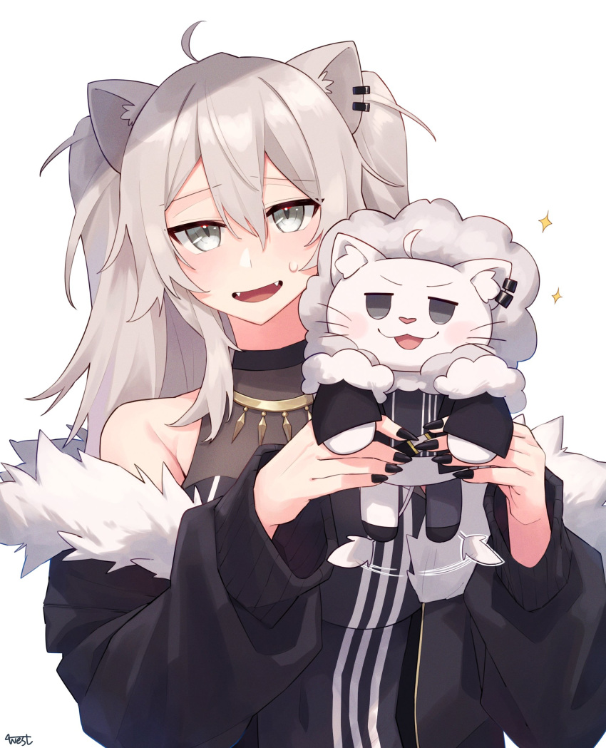 1girl absurdres ahoge animal_ear_piercing animal_ears black_nails fangs fur-trimmed_jacket fur_trim grey_eyes grey_hair highres hololive jacket lion_ears long_hair shishiro_botan shishiro_botan_(1st_costume) virtual_youtuber westlee_ar white_background