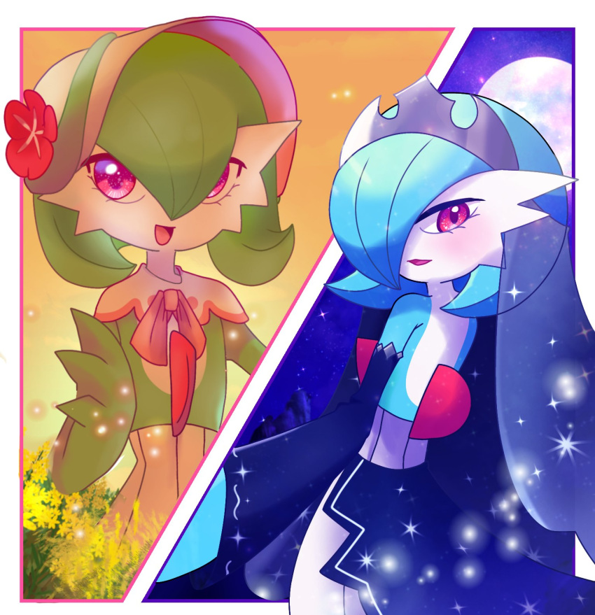 alternate_color blue_hair bob_cut colored_skin detached_sleeves flower gardevoir gardevoir_(fashionable) gardevoir_(royal_winter) green_hair hair_over_one_eye hat hat_flower highres looking_at_viewer moon multicolored_skin open_mouth pink_eyes pokemon pokemon_(creature) pokemon_cafe_remix pokemon_unite shiny_pokemon smile sparkle taira_(taira_0815) tiara two-tone_skin veil waist_cape white_skin