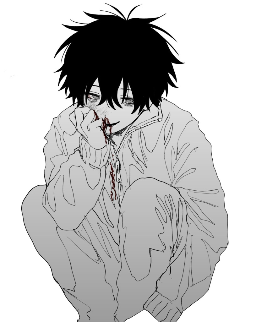 1boy blood blood_on_clothes blood_on_face bloodshot_eyes greyscale hair_between_eyes highres imai_akira jacket long_sleeves male_focus messy_hair monochrome open_mouth original pants simple_background sketch solo spot_color track_jacket