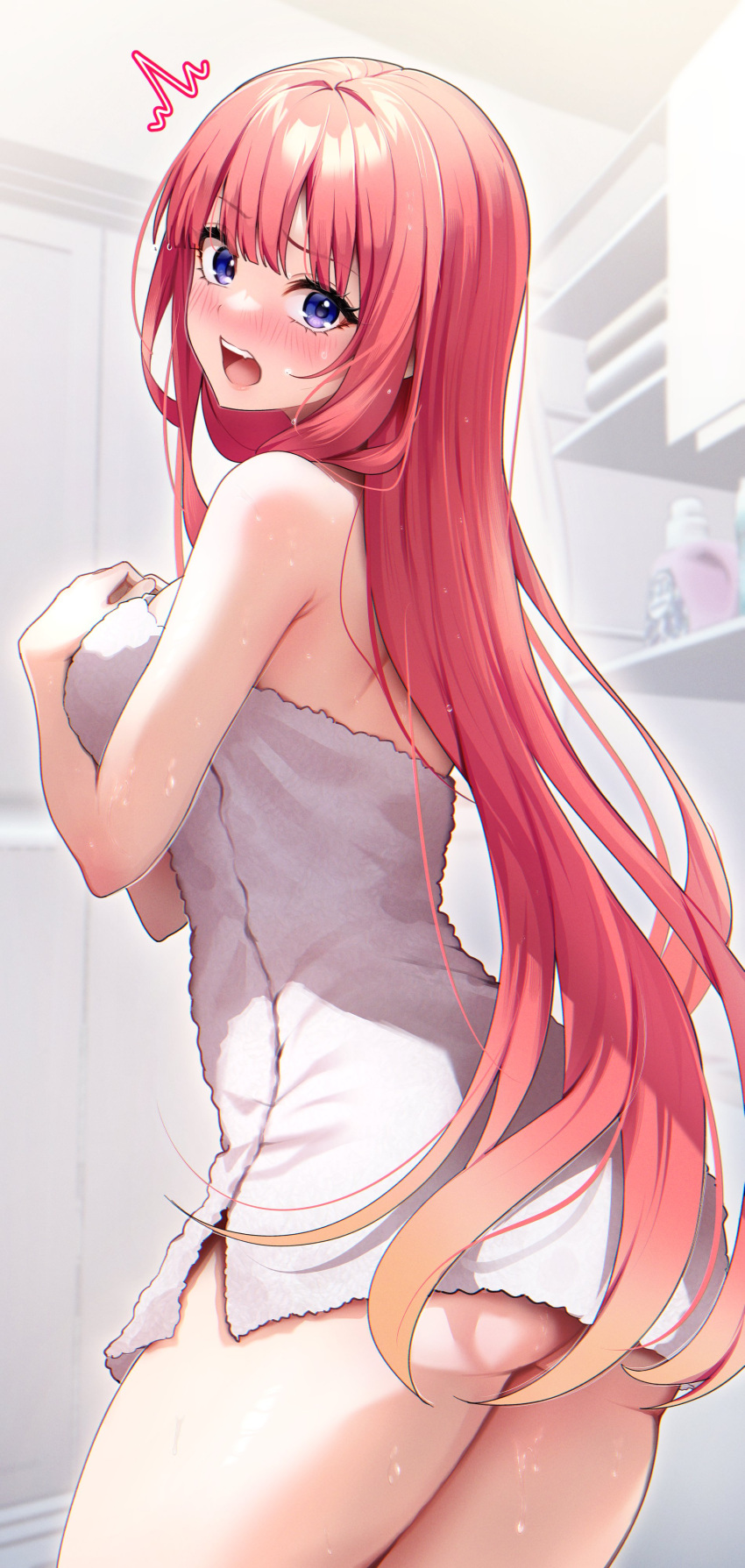 1girl absurdres ass bathroom blue_eyes blunt_bangs blush breasts commentary_request go-toubun_no_hanayome gradient_hair highres indoors kurosaki_coco large_breasts long_hair looking_at_viewer looking_back multicolored_hair nakano_nino naked_towel notice_lines open_mouth pink_hair solo surprised teeth towel upper_teeth_only wet