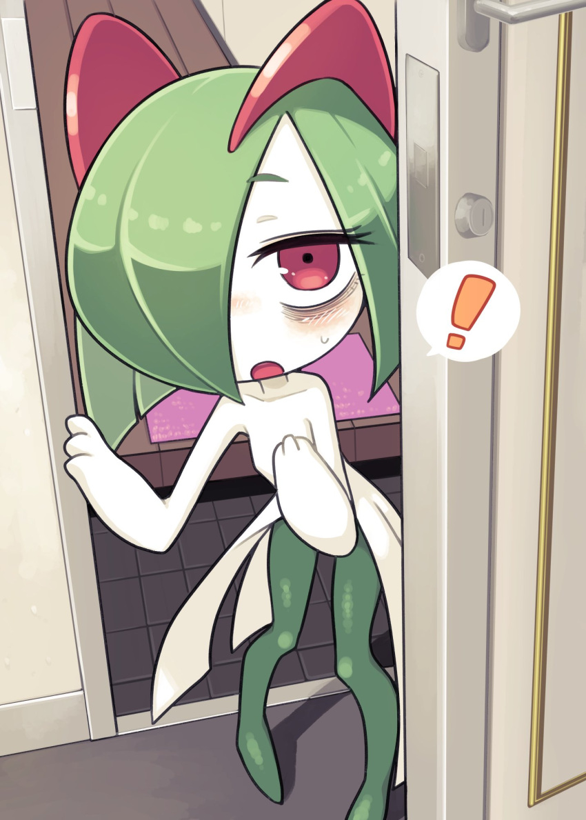 ! colored_skin door green_hair hair_over_one_eye highres horns ino_(tellu0120) kirlia multicolored_skin open_mouth opening_door pink_eyes pokemon pokemon_(creature) pov_doorway sidelocks sweatdrop two-tone_skin white_skin