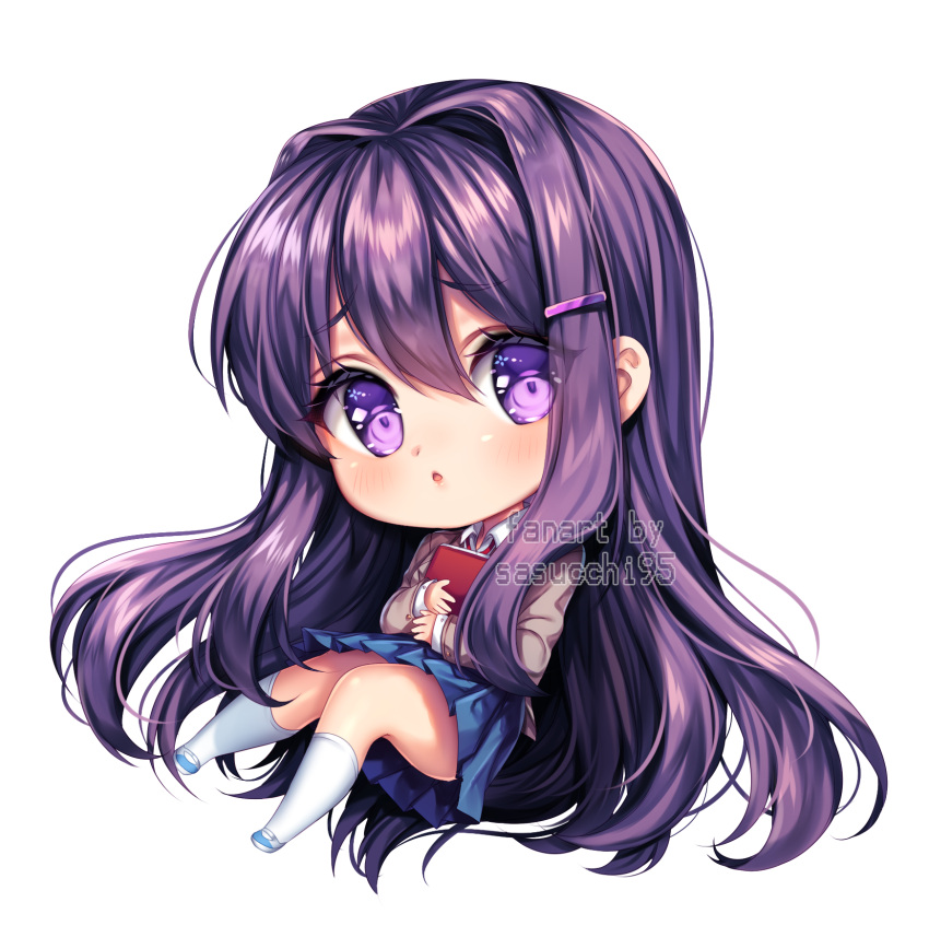 1girl aqua_footwear artist_name blazer blue_skirt blush book brown_jacket chibi chibi_only collared_shirt doki_doki_literature_club english_commentary full_body hair_between_eyes hair_ornament highres holding holding_book jacket kneehighs long_hair long_sleeves looking_to_the_side parted_lips pleated_skirt purple_eyes purple_hair sasucchi95 shirt sidelocks skirt socks solo transparent_background two-tone_footwear very_long_hair white_footwear white_shirt white_socks yuri_(doki_doki_literature_club)