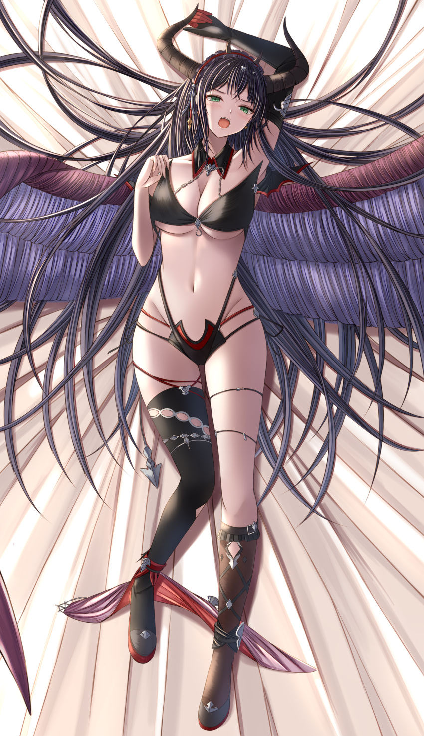 1girl absurdres asymmetrical_footwear bikini black_bikini black_footwear black_gloves black_hair boots breasts commentary_request demon_horns detached_collar drop_earrings earrings elbow_gloves feathered_wings frilled_hairband frills gloves granblue_fantasy green_eyes hair_spread_out hairband highres horns jewelry kanpyou_(hghgkenfany) knee_boots large_breasts long_hair looking_at_viewer lying magus_(granblue_fantasy) multi-strapped_bikini_bottom navel on_back open_mouth red_gloves single_elbow_glove single_knee_boot single_thigh_boot solo swimsuit thigh_boots thigh_strap two-tone_gloves uneven_footwear wings