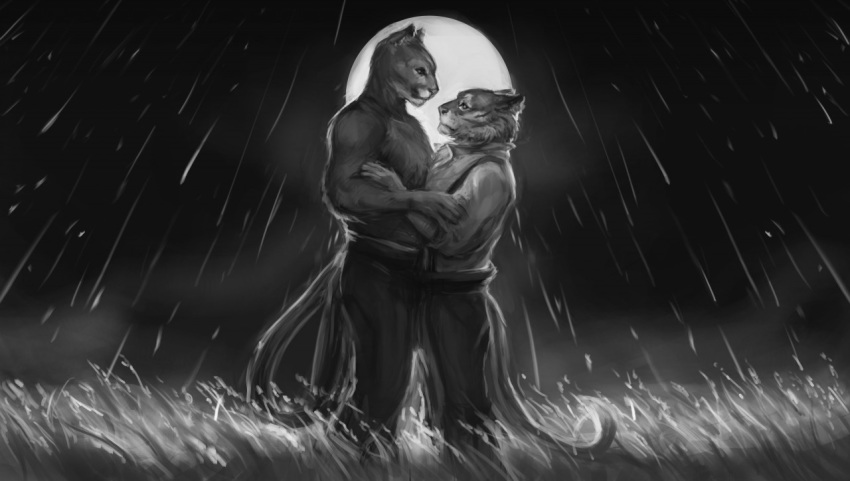 2019 anthro clothed clothing cougar duo elkaart embrace eye_contact felid feline looking_at_another love male male/male mammal meteor_shower moon muscular night outside pantherine red_moon romantic romantic_couple sky star tabaxi tiger topless
